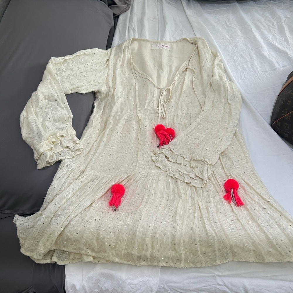 Cream Dress with Red Tassels